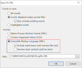 PROCMON Save Dialog showing options for XML output including stack traces.