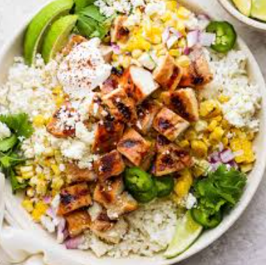 Mexican BBQ Street Corn Chicken Rice Bowl