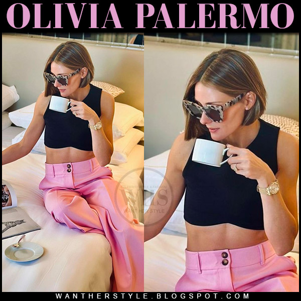 Olivia Palermo in black crop top and pink pants