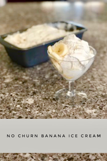 Dish of ice cream with sliced bananas on top, sitting on a gray countertop