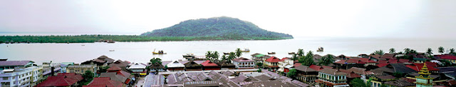 Myeik city harbor and river pictured from the hill