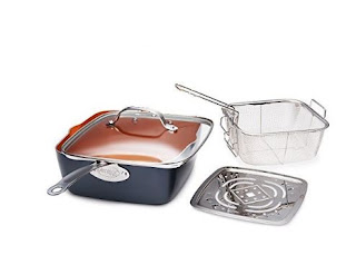 Gotham Steel Titanium Ceramic 9.5” Non-Stick Copper Deep Square Frying & Cooking Pan With Lid, Frying Basket, Steamer Tray, 4 Piece Set - Graphite