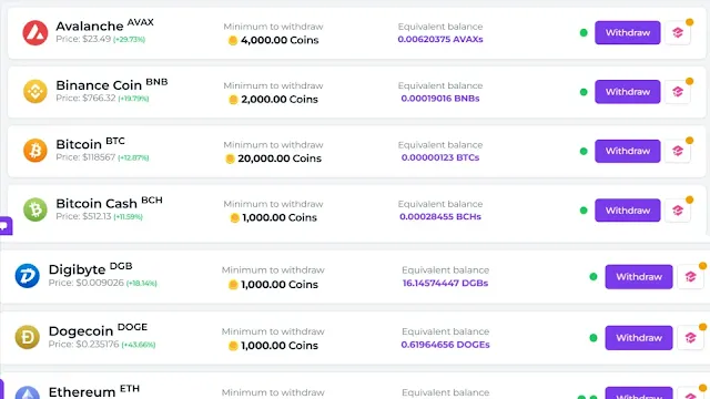 Faucet Crypto withdrawal options showing multiple cryptocurrencies like Bitcoin, Dogecoin, Litecoin, Tether, and minimum payout starting at 1000 coins