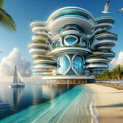 Futuristic white hotel on tropic beach with sailboat and seagulls.