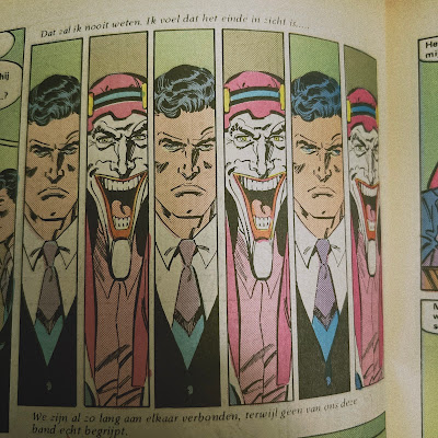 Paneel uit oude Batman-strip 'Een sterfgeval in de familie' (1989): Bruce | Joker | Bruce | Joker Bruce | Joker