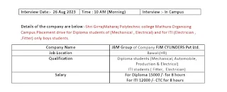 ITI and Diploma Campus Placement Drive at Shri Girraj Maharaj Polytechnic College, Mathura for JBM Group