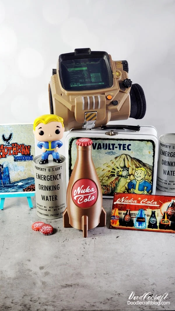 HOW TO MAKE FALLOUT THEMED CRAFTS FOR PARTY, DECOR, CRAFT IDEAS!   Attention vault dwellers--get your best friend and leave the fallout shelter!    Head out the Vault door--It's time to grab your paint, glue gun, Mod Podge, tee shirts, and bottle caps for the best fallout-inspired craft spree!   The BEST Fallout themed DIY's, parties, decor, and craft projects--to celebrate Amazon Prime's Fallout series (all episodes live now)...have you watched it yet?