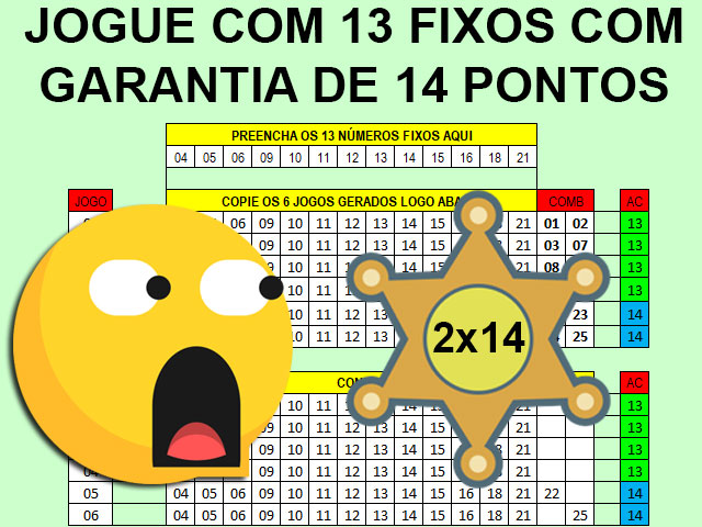 Esquema lotofácil com 13 fixas garantia 2 cartões de 14 pontos.