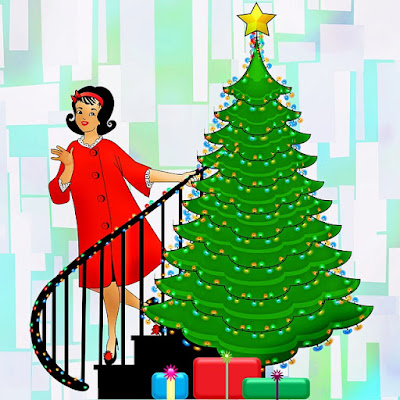 1960s-style illustration of a woman standing on a staircase observing a Christmas tree.