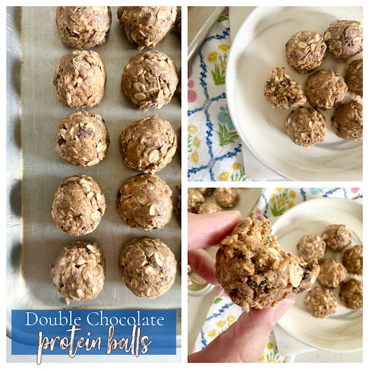 A collage of chocolate protein balls on a tray and white plate.