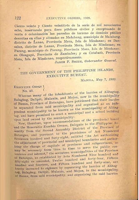 Executive Order No. 43 Creating the Municipality of Alitagtag