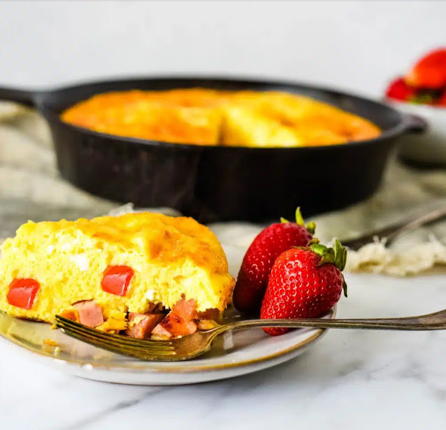 Ham & Cheese Frittata in a cast iron skillet.