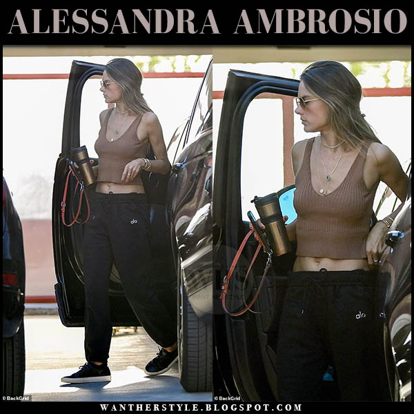 Alessandra Ambrosio in tan top, sweatpants and black sneakers