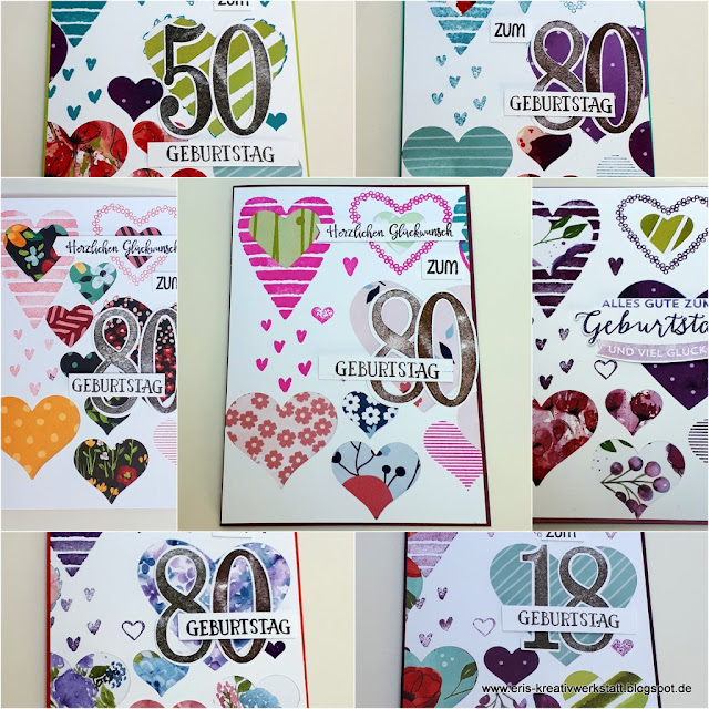 Herzige Karten mit Designerpapier hinterklebt zu runden Geburtstagen Stampin' Up! www.eris-kreativwerkstatt.blogspot.de