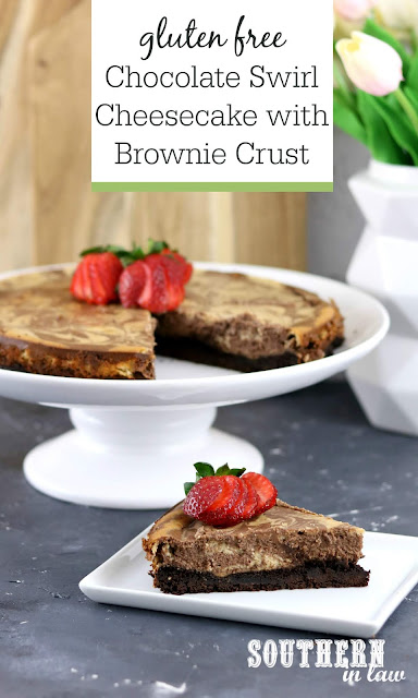 Easy Gluten Free Chocolate Swirl Cheesecake with Brownie Crust - gluten free, baked cheesecake, dessert