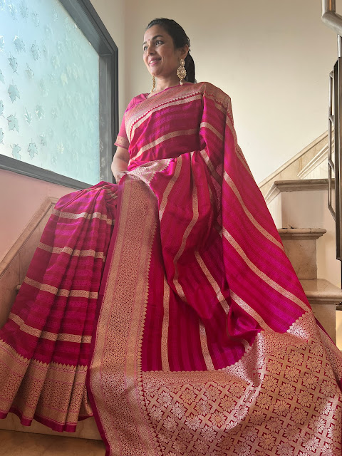 Hot pink Mushroo silk saree