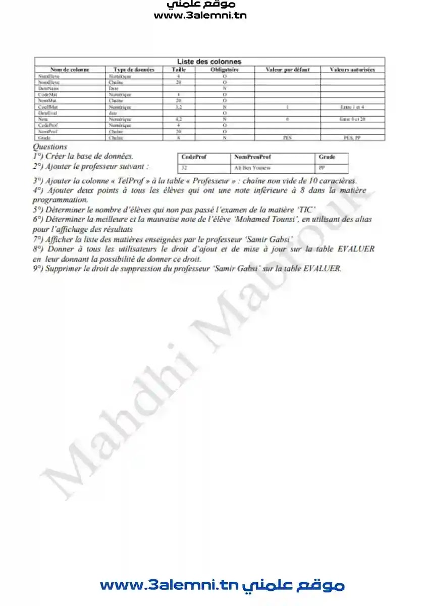 Série N°1  Base de données bac informatique