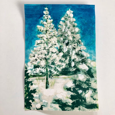 Wintry vista lightly pencil-sketched, brush-colored with alcohol ink and flat interior wall paint on a FreshRetroGallery artist trading card (ATC) natural parchment style paper; inspired by “V,” the 7th letter of the Prompt series.
