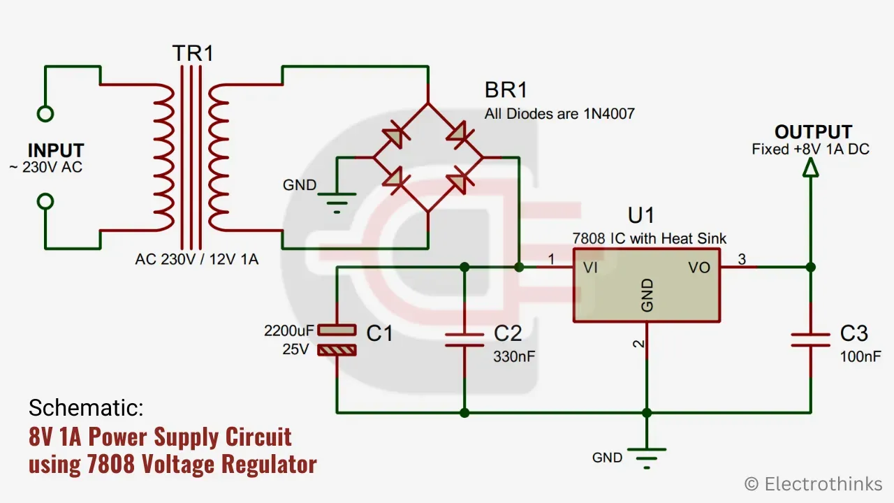 Schematic of 8V 1A Power Supply Circuit using 7808 Voltage Regulator