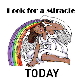 An African American cartoon angel paints a rainbow and says" Look for a miracle today" Carmen Cameron artist.