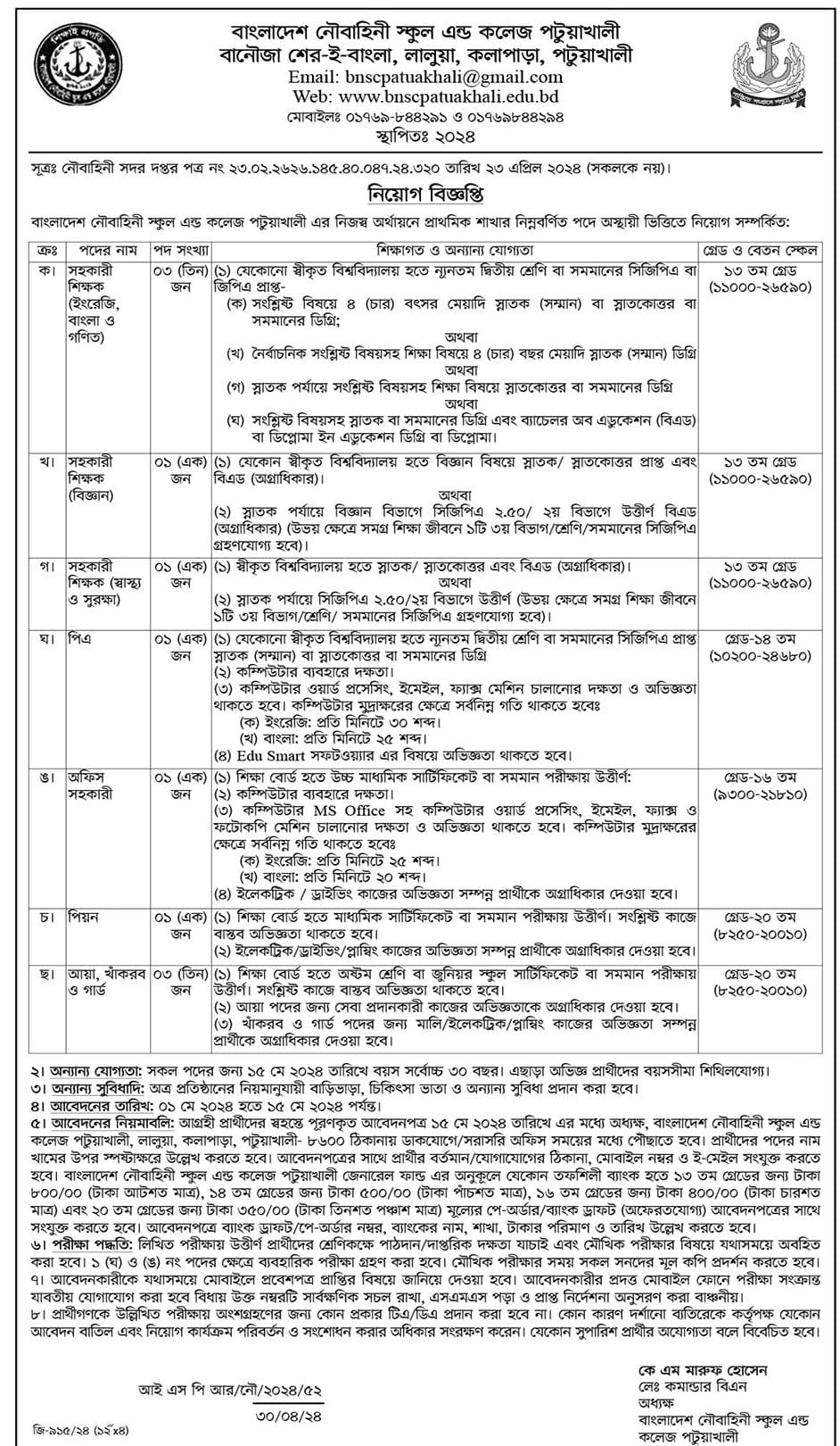 বাংলাদেশ নৌবাহিনী স্কুল এন্ড কলেজ পটুয়াখালী নতুন নিয়োগ বিজ্ঞপ্তি ২০২৪