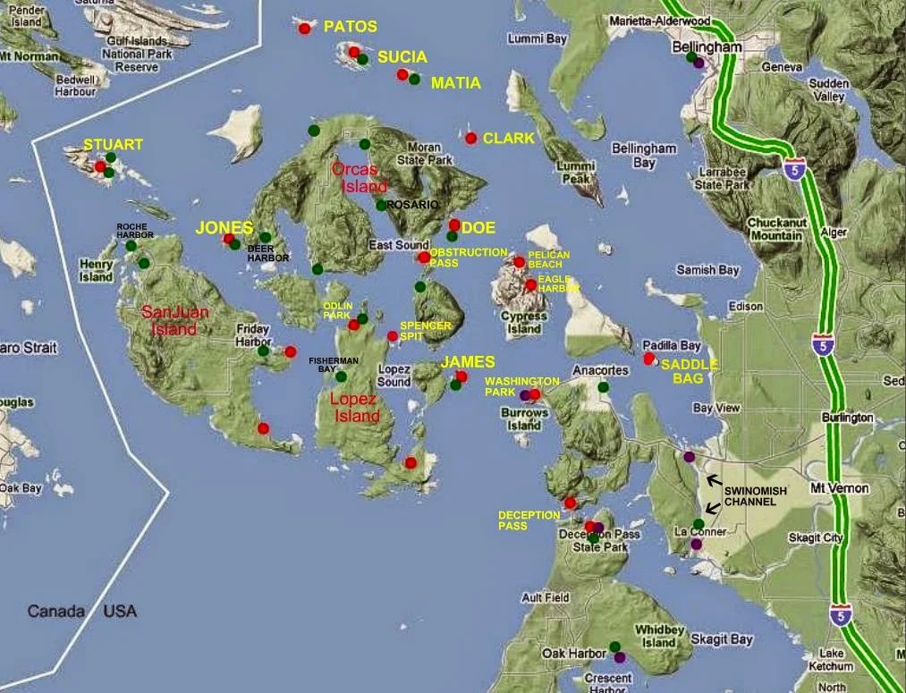 Map of San Juan area parks, docks, trailer boat launch ramps