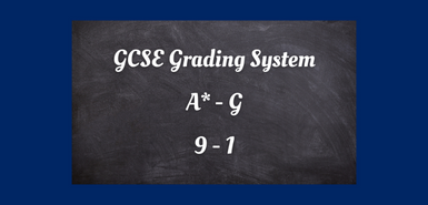 Dark blue background with a grey chalkboard overlay with the words GCSE Grading System, A* - G, 9 - 1 in white.