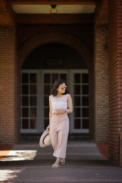 Crochet midrib top, culottes, pastel, lace up sandals