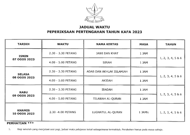 Jadual Peperiksaan Pertengahan Tahun KAFA 2023