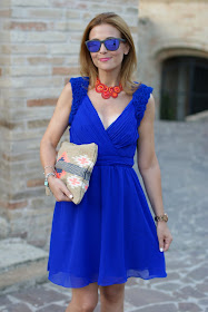 Royal blue chiffon dress, Oakley mirror sunglasses, floral applique elegant summer outfit, Fashion and Cookies