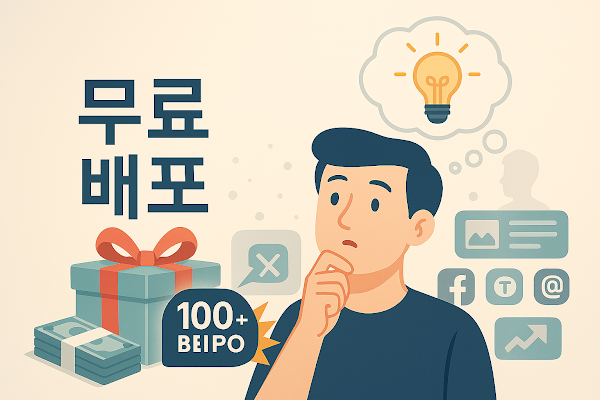 선물 상자와 함께 '무료 배포' 아이디어를 떠올리는 사람의 이미지