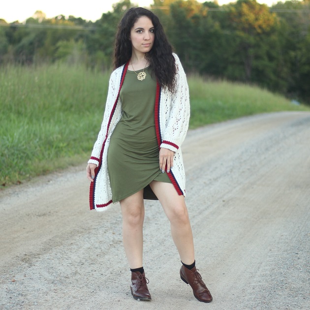 White Cardigan and Olive Green Dress