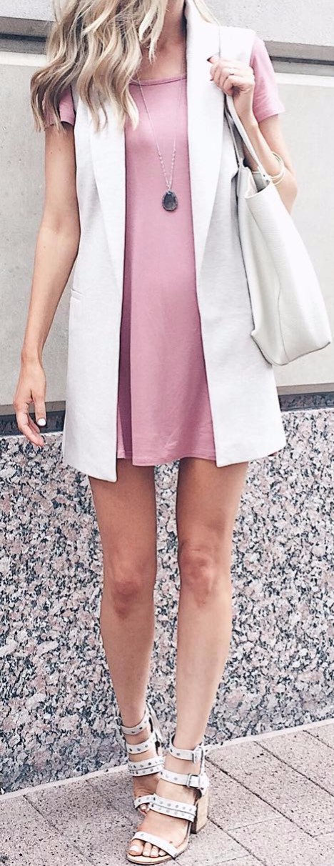 pastel rocks this year. mixing a blush dress with sleeveless 