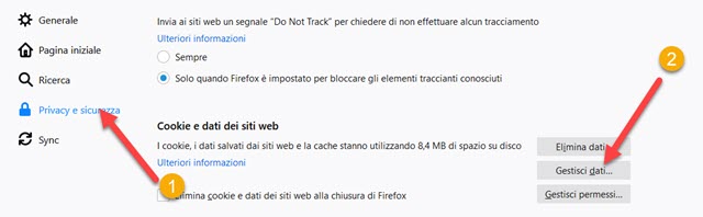 gestire i dati dei siti e i cookie con firefox