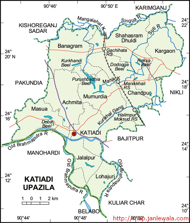 Katiadi Upazila Map, Keshoregonj District, Bangladesh