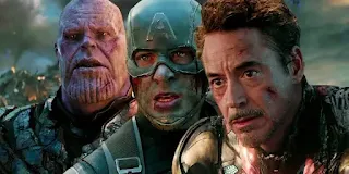 Thanos, Captain America, dan Iron Man dalam adegan pertempuran klimaks yang penuh ketegangan.
