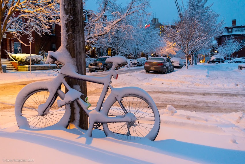 Portland, Maine USA photo by Corey Templeton. A Thursday throwback to a snow-covered bicycle on Deering Street. February 2016.