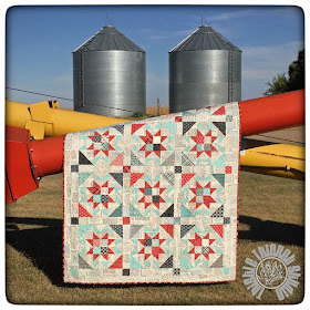 Water Turn Quilt featuring the Water Turn block from Lori Holt's Farm Girl Vintage Book. Made using Feed Company fabric by Sweetwater. Pieced and Quilted by Thistle Thicket Studio. www.thistlethicketstudio.com