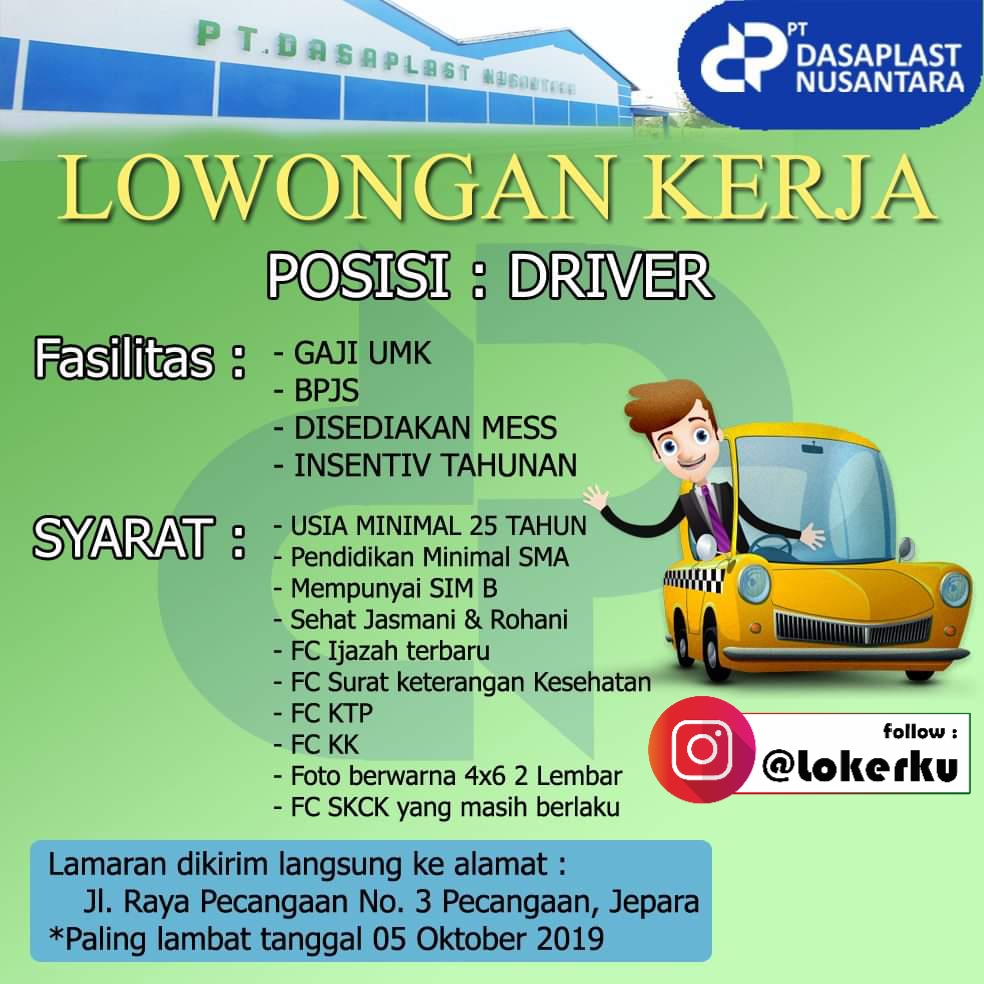 Lowongan Kerja Jepara Driver di PT. Dasaplast Nusantara - Lowongan Kerja di Kudus Terbaru 2020