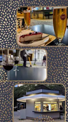 Collage of pictures of Quiosque food in Lisbon including glasses of wine, beer, and cheesecake. There is also a picture of a typical kiosk, a small gray building with a pointy top