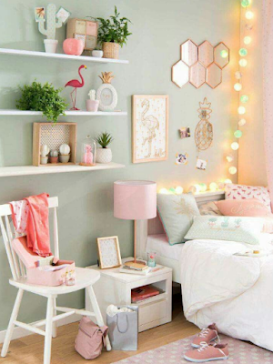 Mint and pink color palette interior design bedroom