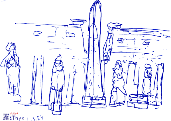Площадка с гранитным обелиском перед входом в Луксорский храм, Египет. Автор рисунка: художник iThyx