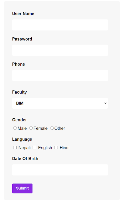 Validate the given form and display result after complete validation performed.