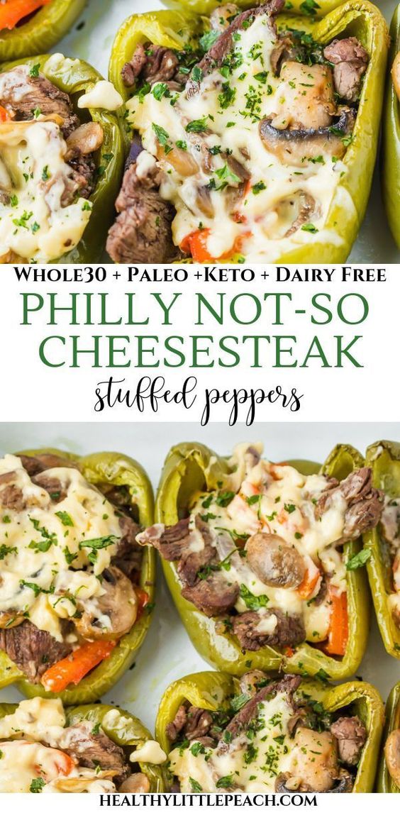 Green peppers stuffed with thinly sliced steak, mushrooms, read peppers, red onions and topped with a creamy sauce that is a great cheese alternative. This recipe is Keto, Whole30, Paleo and Dairy Free