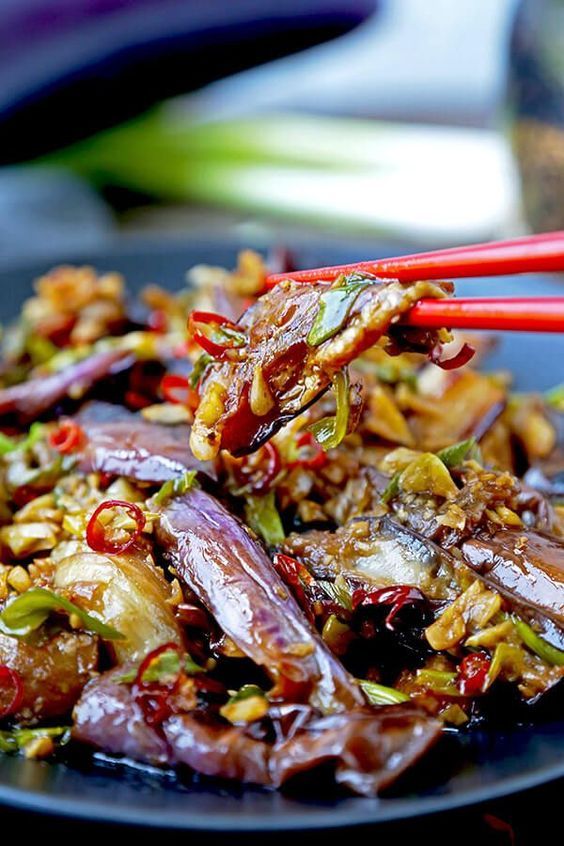 Chinese Eggplant With Garlic Sauce - This is a quick and easy dish that's sweet, tangy with a little heat. The eggplant pieces are so tender, they almost melt in your mouth. Ready in 15 minutes from start to finish. Chinese stir fry recipe, #vegetarianrecipes #eggplant #veganrecipes #stirfry #chinesefood #plantbased