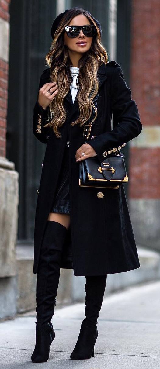 winter fashion trends / long coat + bag + top + skirt + black over the knee boots