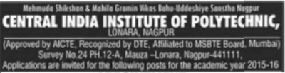 Central India Institute of Polytechnic Recruitment 2015
