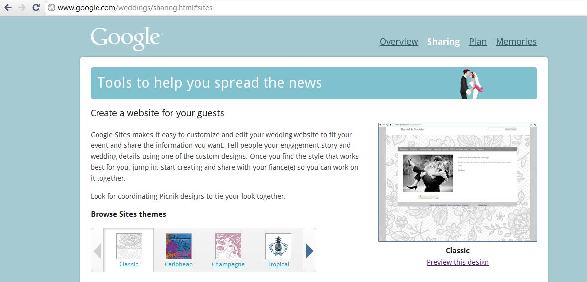 In addition Google now allows users to create wedding websites