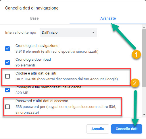 cancellare dati di navigazione in chrome