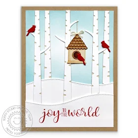 Sunny Studio Stamps: Rustic Winter Birch Tree & Cardinal "Joy To The World" Christmas Card by Mendi Yoshikawa